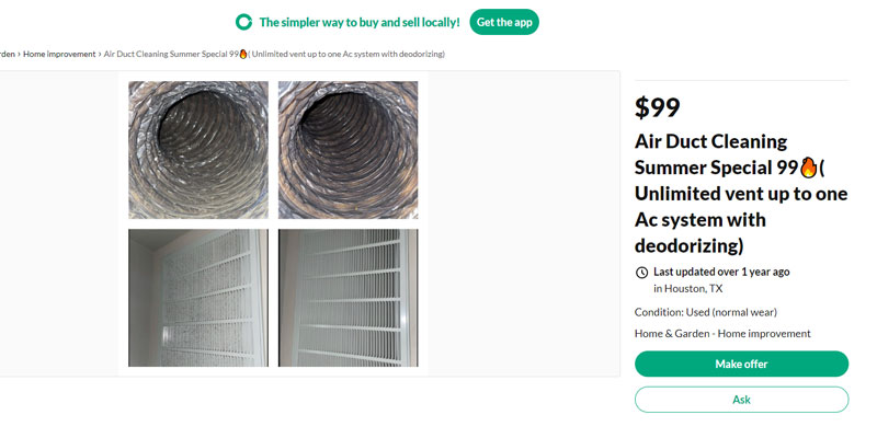 ads offering air duct cleaning for only $99